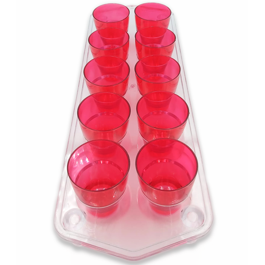 10 neon red plastic shooter glasses with a clear tray