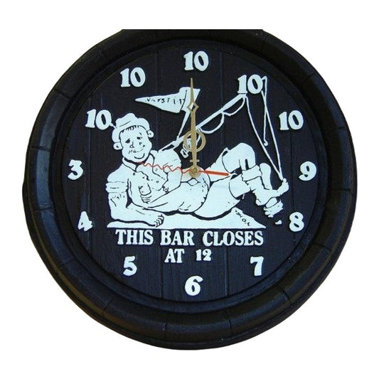 Bar closes at 12 bar clock with wooden barrel end finish on white background