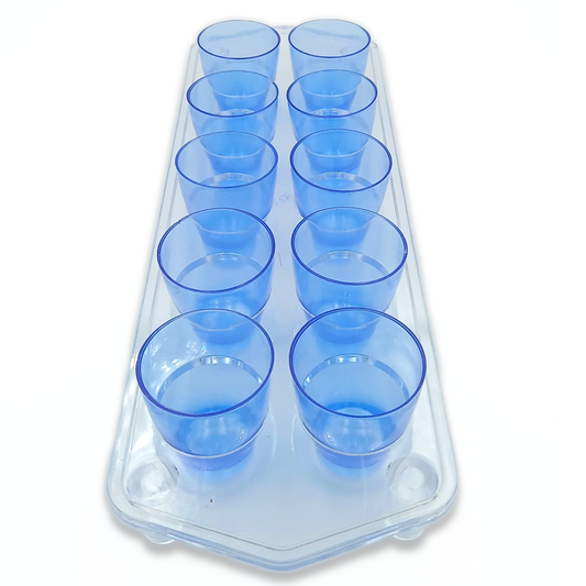 10 neon blue plastic shooter glasses with a clear tray