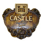 Castle lager bar clock with wooden finish on white background