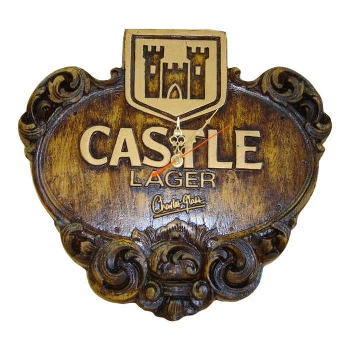 Castle lager bar clock with wooden finish on white background