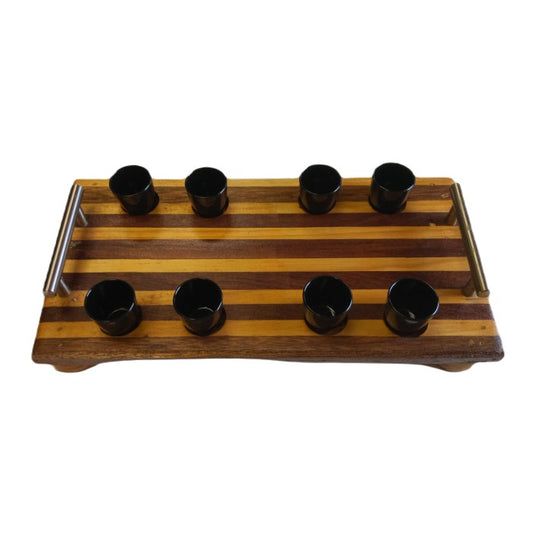 Wooden shooter tray with 2 handles and 8 black plastic 25ml shot glasses 