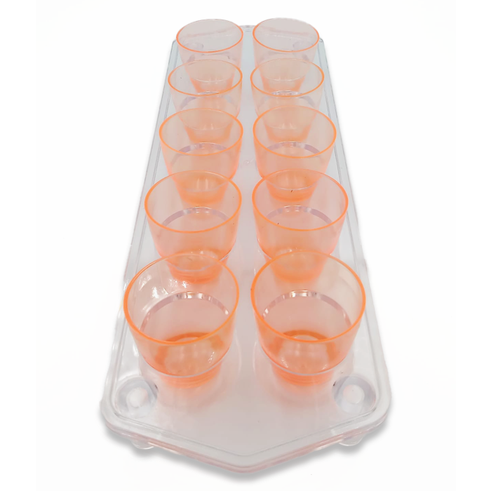 10 neon orange plastic shooter glasses with a clear tray