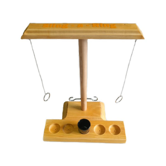 Wooden handcrafted drinking game with two rings, two hooks and a 25ml shot glass