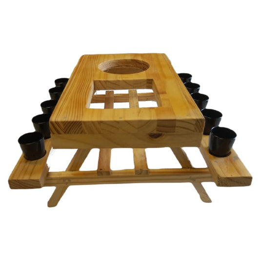 Wooden picnic shooter table with 10 black plastic shot glasses