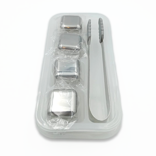 Stainless steel ice cubes in a clear case with a set of tongs