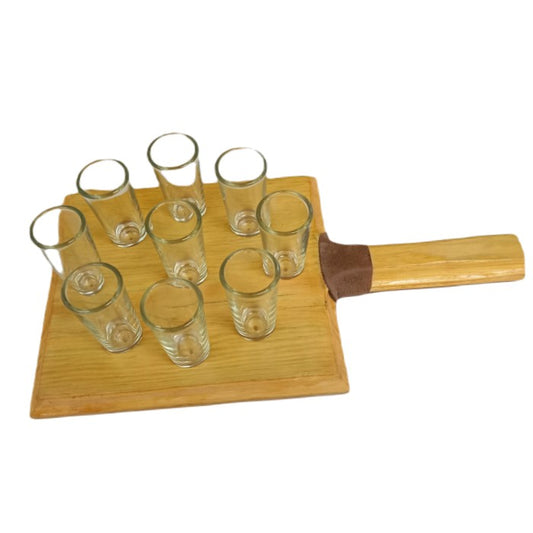 Wooden Shooter Tray With Handle and 9 Tequila Shot Glasses