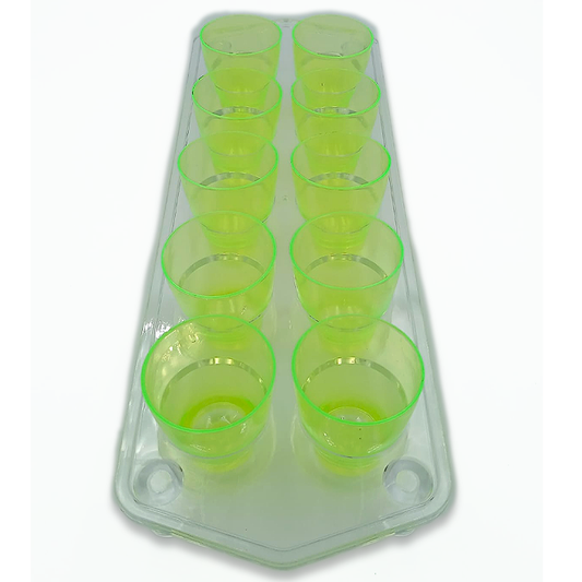 10 Neon Green Plastic Shot Glasses With Tray (25ml)