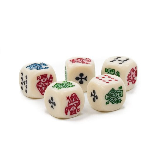 Poker dice set of 5 dice for Max and Jax board game on white background